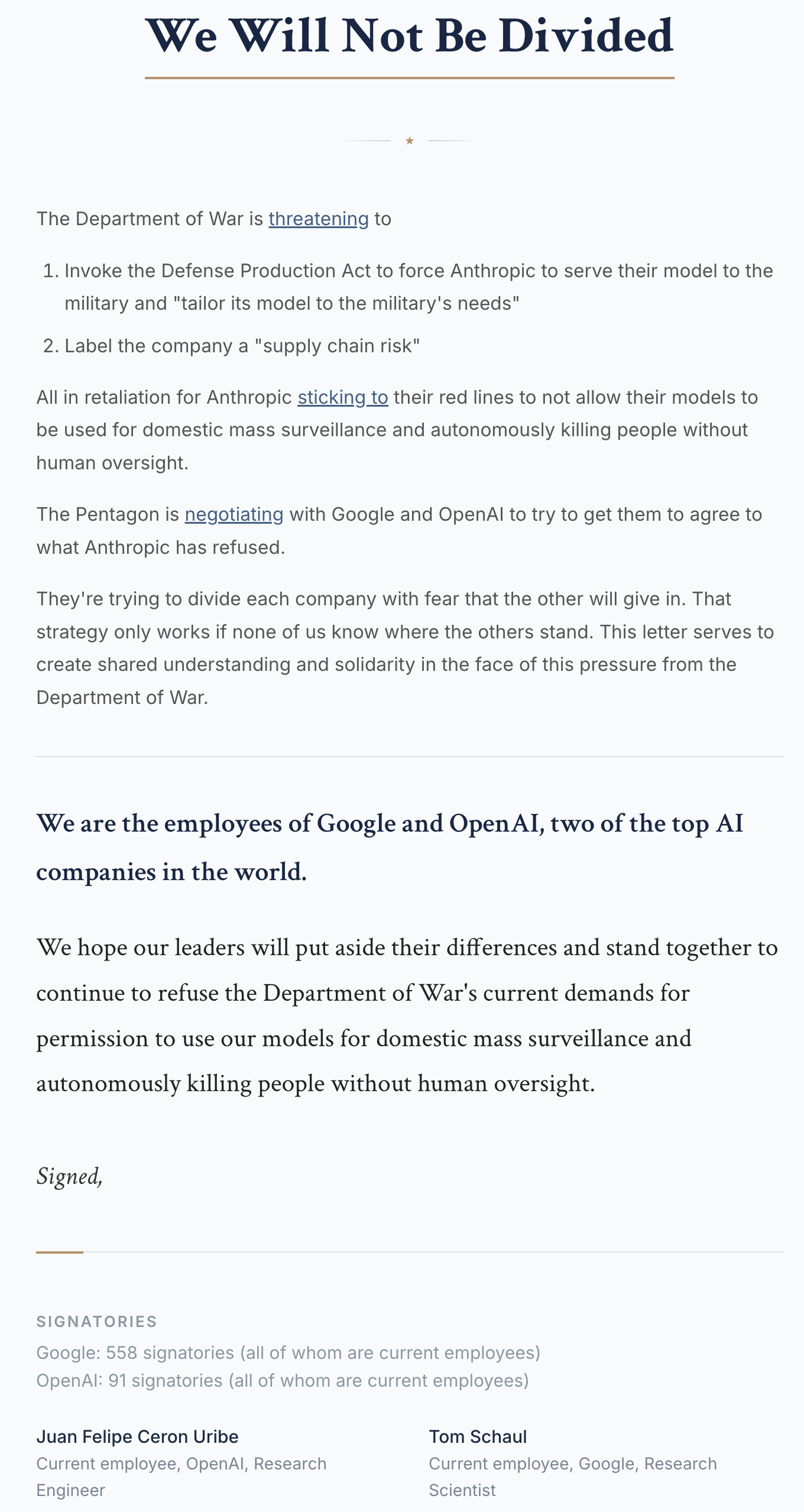 Google与OpenAI员工联署公开信