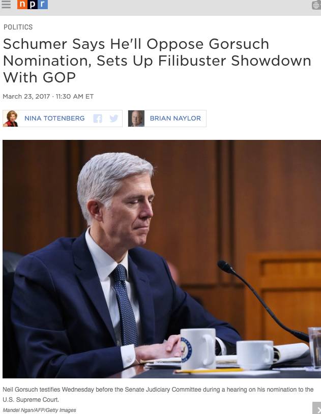 戈萨奇大法官提名将面临民主党“费力把事拖”(Filibuster)