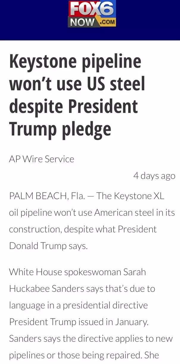 川普“美国制造”为谁破例？Keystone输油管用“俄罗斯”钢