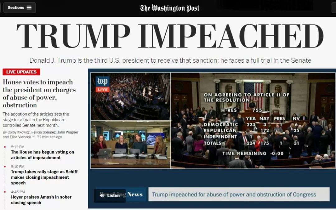 众议院投票通过！特朗普成为美国历史上被弹劾总统第三人