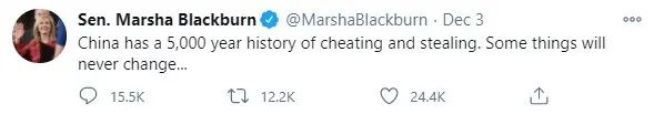 Blackburn参议员：我们美国华人不欺骗不偷窃; 不抗议......?